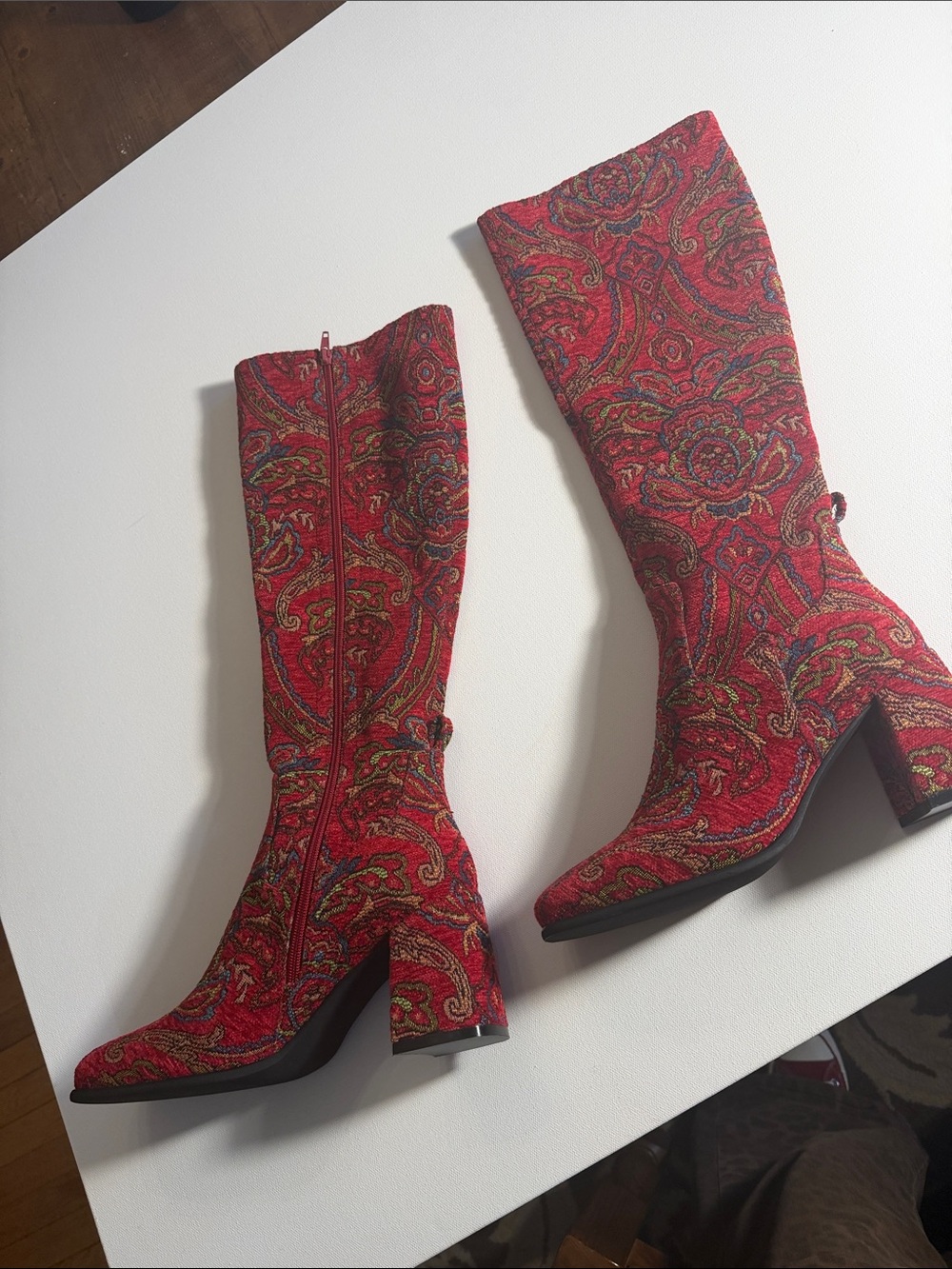 Jeffrey Campbell 10 Free People Red Floral Tapestry Brocade Knee High BootNWOB - Picture 2 of 7